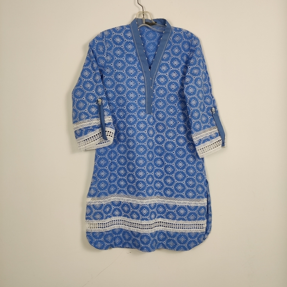 Sapphire Women's Boho Tunic in Blue Size Small Eyelet Bohemian Embroidered